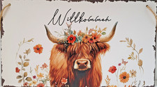 Schild Metall Stier mit Blumenkranz "Willkommen" Deko 28 x 16 cm landhauswelt