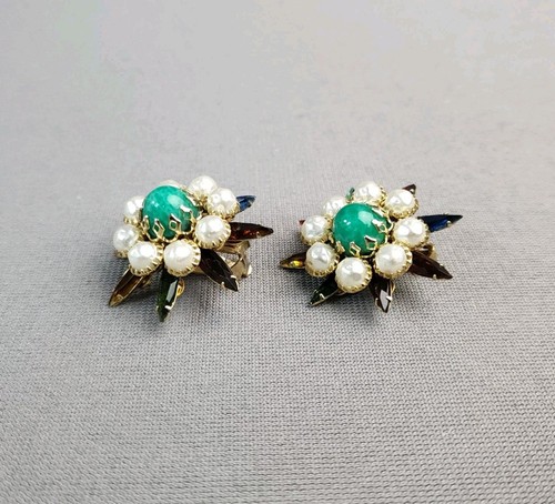 Judy Lee Ohrclips Vintage goldfarben bunt Strass Perlen signiert - Bild 7 von 8