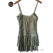 Smocked Ruffle Mini Dress Women Coquette Fairycore Sage Green Small