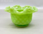 Fenton Basketweave Lattice Ruffle Bowl Lime Green Uranium Custard Glass 5" — photo 4