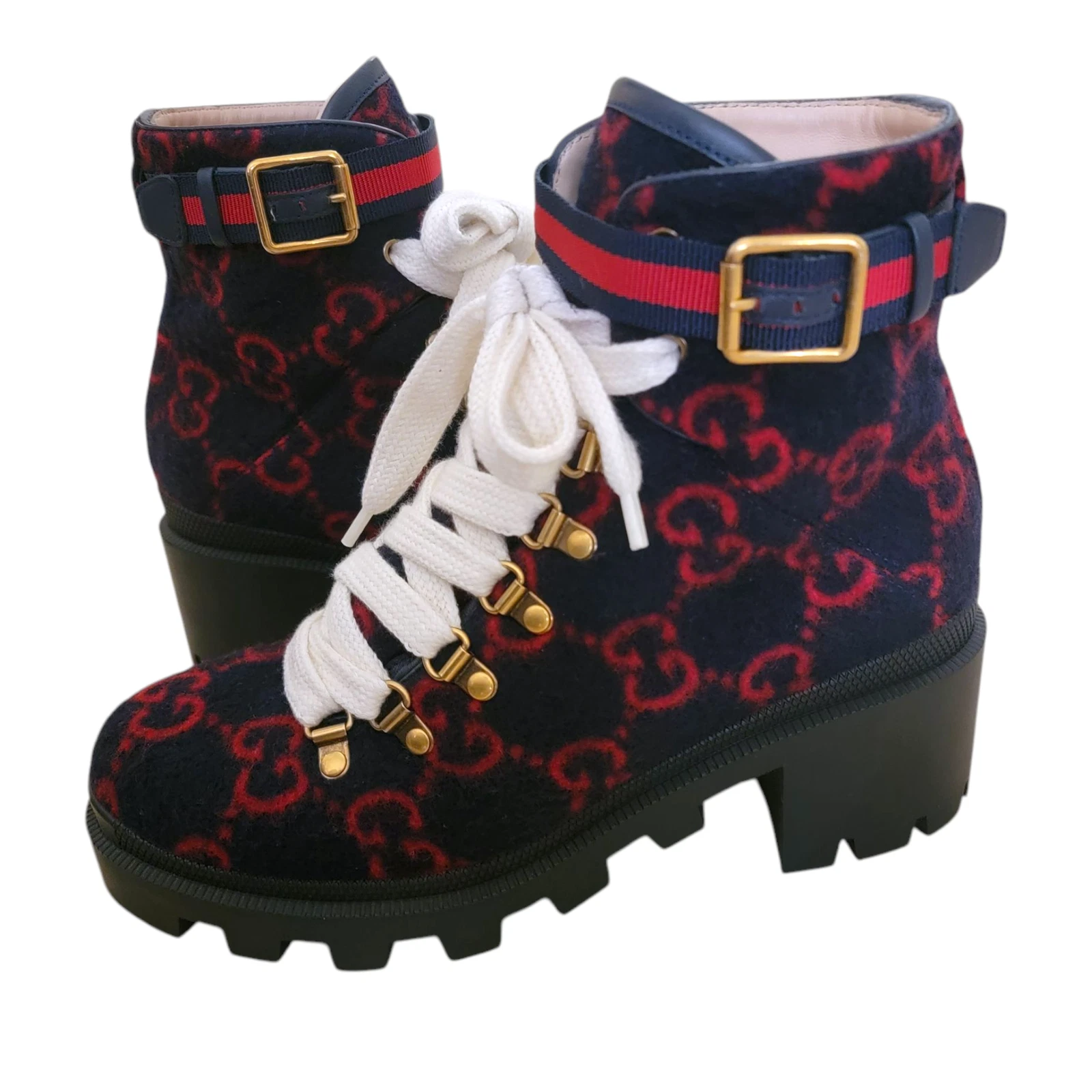 Bottines Gucci GG monogramme bleu marine rouge à lacets plateforme toile de combat 7,5 37,5