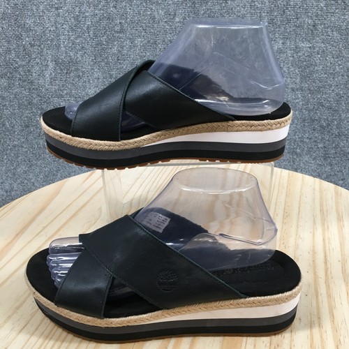 Timberland Sandals Womens 8 Santorini Sun 2 Slide Black Leather Crisscross Wedge - Picture 2 of 18