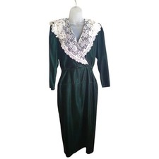 Scott McClintock Green Velvet Maxi Dress Lace Collar Deep Vee Neckline Sz L VTG