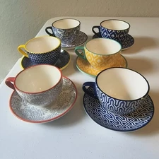 Selamica Cappuccino Tea Coffee Cups Mugs Set of 6 with Saucer Plates Geometric