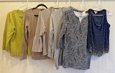 Lot of 6 Women s Blouses Work Tops Cardigans C&B, Jeanne Pierre, Covington SZ L
