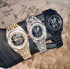 Men's Gold/White Gold 43mm Skeleton Dial Iced Out Octagon Luxury Watch