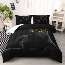 3D Cat Comforter Set Twin, Black Cat Bedding, Soft Microfiber, 3-Piece Set