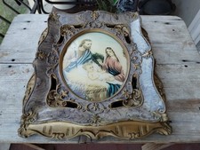 Quadro ANTICO ART Déco CORNICE GESSO DIPINTO Capezzale Sacra Famiglia Natività