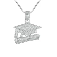 Sterling Silver Graduation Cap with Diploma Pendant / Charm, Made USA, Box Chain