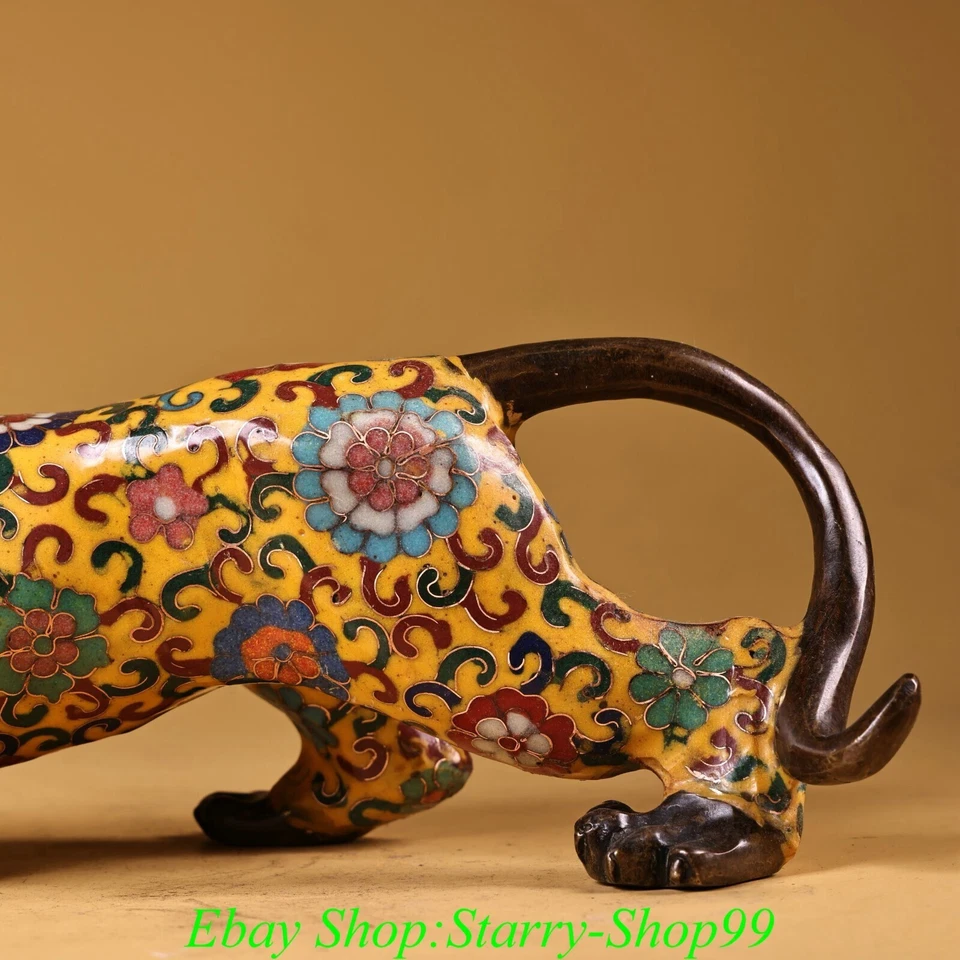 Antigua estatua animal bestia leopardo Fengshui esmalte cloisonne bronce dinastía China Foto 4 de 4