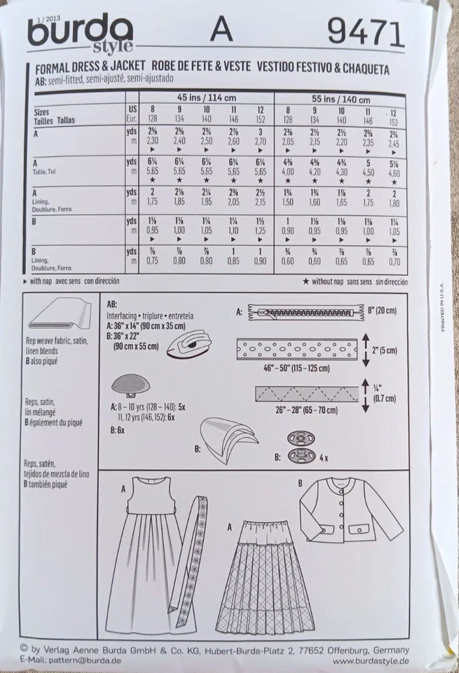 Burda Kids Sewing Pattern #9471 Girls Dress Jacket Skirt Belt Sizes 8-12 - Image 2 of 3