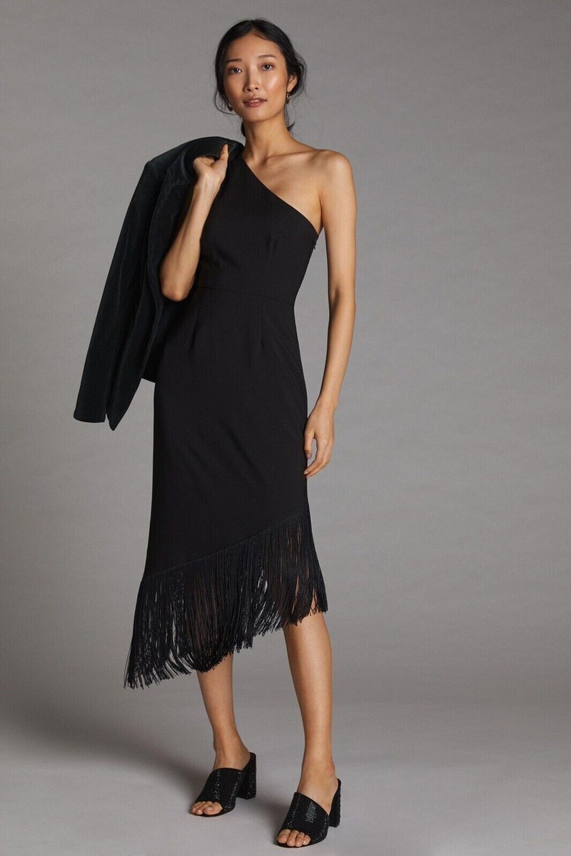 Anthropologie Hutch Fringed Fringe One Shoulder Midi Dress S Black Small NWT