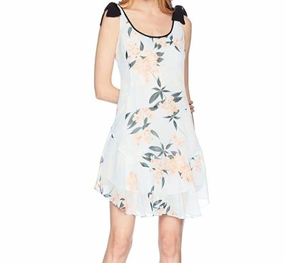$200 Donna Morgan Womens Blue Floral Chiffon Tie Shoulder Mini Shift Dress Sz 10