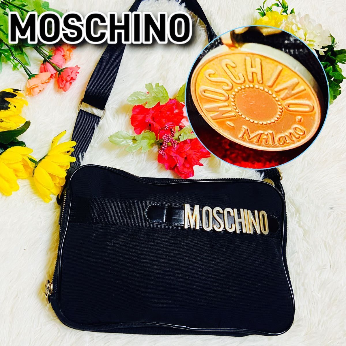 MOSCHINO Black Canvas Logos Crossbody Shoulder Bag USED Auth MOSCHINO Black Canvas Logos Crossbody Shoulder Bag USED Auth