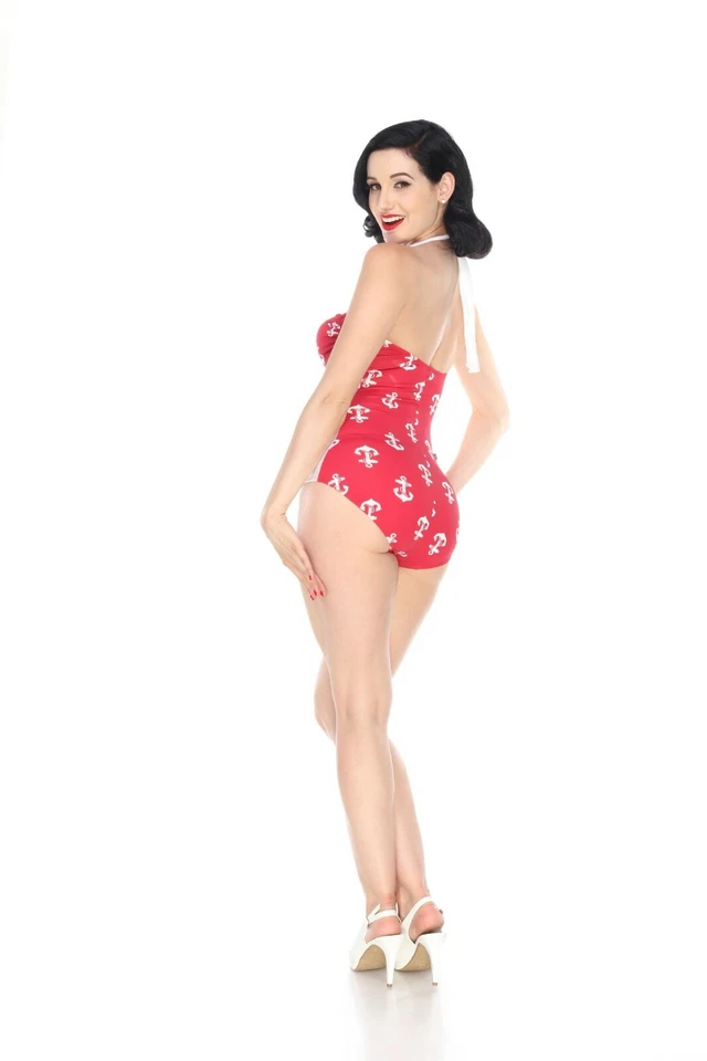 Bettie Page Red White Anchor Nautical Swimsuit retro 50's 40's Sailor Pinup Girl - Image 2 of 4