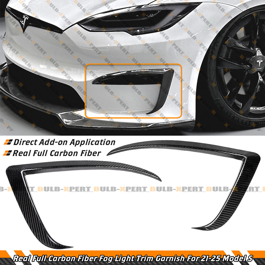 For 2021-25 Tesla Model S Full Carbon Fiber Front Bumper Fog Light Garnish Trim