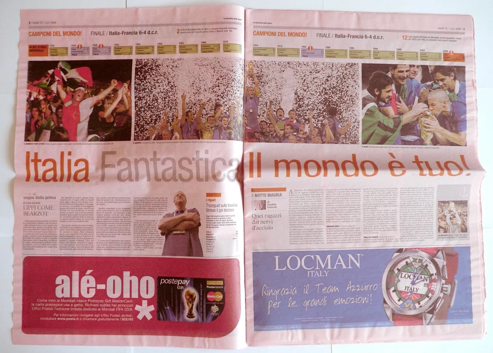 LA GAZZETTA DELLO SPORT  10 LUGLIO 2006 ITALIA CAMPIONI DEL MONDO QUOTIDIANO NEW - Immagine 2 di 2