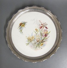 Tablett Jugendstil Keramik mit Metall Montur Florales Dekor Blumen