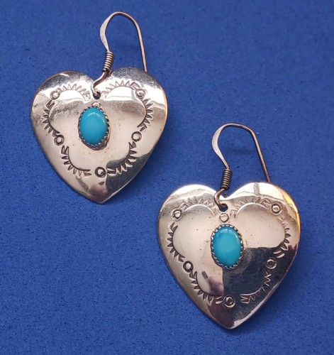 Native American Navajo Sterling Silver &Turquoise Earrings Hand Stamped Heart