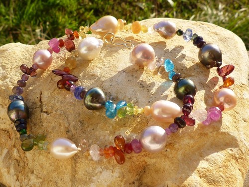 Necklace Gold 18 CT, Beads Freshwater, Gold And Tahiti, Sapphires, Peridot, Ruby - Picture 12 of 18