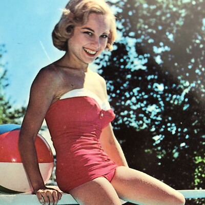 Beach Girl 1950s Vintage Postcard Summer Fashion Red One Piece Swimsuit