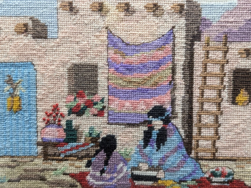 Native American Women at Work Needlepoint Picture Southwestern Pueblo Signed - Image 2 of 4