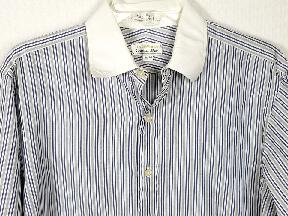 Christian Dior Men Button-Down Dress Striped Shirt Gray/Blue/ White Sz 15.5-34 - Image 3 of 4