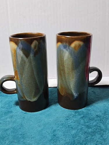 Vintage Pair of Caffe D’Vita Espresso Coffee Mug Cup Blue Brown Stoneware 4.5"H