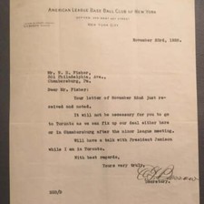 Ed Barrow autographed typed letter dated 11/23/28