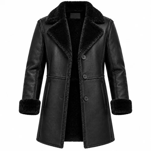 Mens Genuine Leather Shearling Coat Black Brown Fur Lined Winter Jacket image 2