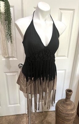 VTG Y2K Black Brown Fringe Halter Top Boho Festival Clubwear Grunge Sz S