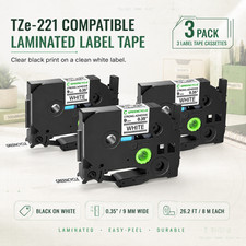 3PK TZe-221 Compatible White Label Tape 9mm for Brother PT-2500PC PT-P900W