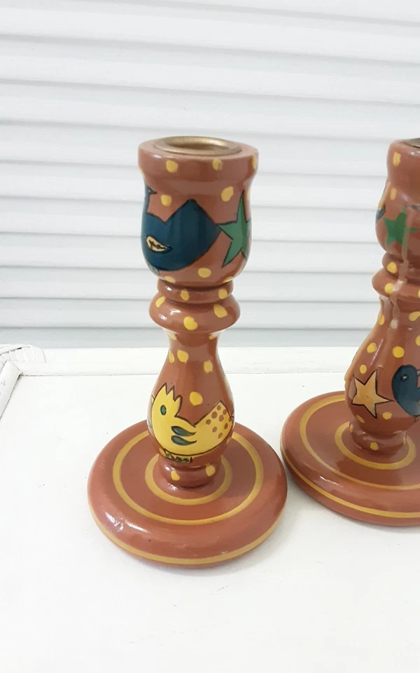 Wooden Folk Art Candlesticks X 2 Handpainted Birds Stars Candle Holders Tall - Image 2 of 4