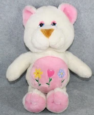 14" Vtg Hugfun Intl. Hug Fun Plush Bear Pink white flowers Heart Care  circle