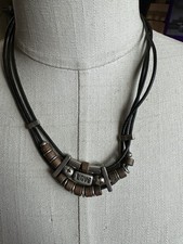 Boho Leather Cord Necklace Love Charm Wood Metal Beads 14” Hook Fasten