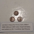 Lot #122 3 Beautiful Penny Coins 1909-P-1909-VDB -1909 Indian VG-F See Pictures