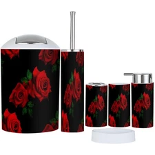 Bathroom Accessory Set 6 Piece Beautiful Pattern red Roses Black Toothbrush H...