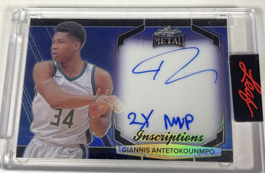 Giannis Antetokounmpo 2024 Leaf Metal Inscriptions Auto Heat #/100