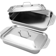 2 Deep Pan and 2 Handle-Lid Stainless Steel Rectangular Baking Pan - 16*9*3 in