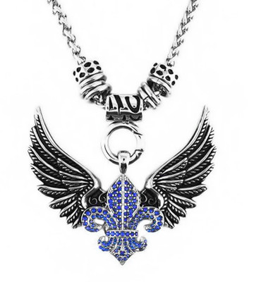 Ladies Angel Wings & Fleur De Lis Blue Bling Pendant / 4mm Foxtail Necklace B13