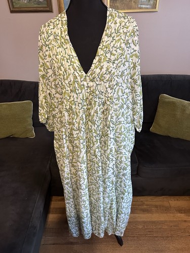 Dolma Skye Dress Long Pockets Cotton Green Boho Flowy NEW XL Cottage Blockprint