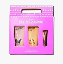 Victoria  s Secret Pink Festive Comfort Gift Set Coco Vanilla Lotions Lip Oil New