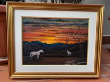 Dipinto Olio su Cartone Telato L. GUARISE - Tramonto con Cavalli - Paillard Pari