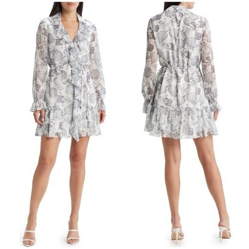 NWT Ted Baker London Giorgii Ruffled Mini Dress Gray White Feminine Sz 0 - Picture 15 of 15