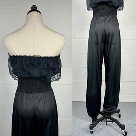 Vintage 80s Black Nylon Strapless Harem Jumpsuit Smocked Bodice Lace Trim Small