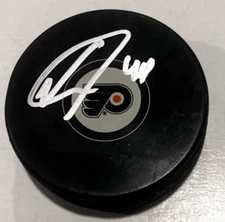 NICOLAS DESLAURIERS SIGNED PHILADELPHIA FLYERS HOCKEY PUCK W/ CASE COA