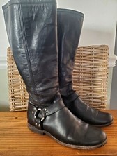 Vintage Black Leather Knee-High Boots With Buckle Zipper Detail