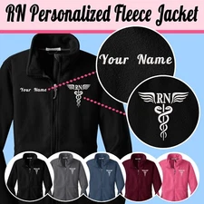 Personalized RN Embroidered Caduceus Zip Fleece Jacket Comfortable Nurse Apparel