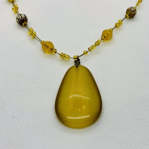 Bohemian Large Gold Stone Pendant Orange Yellow Beaded Fashion Necklace 20” - Picture 2 of 6