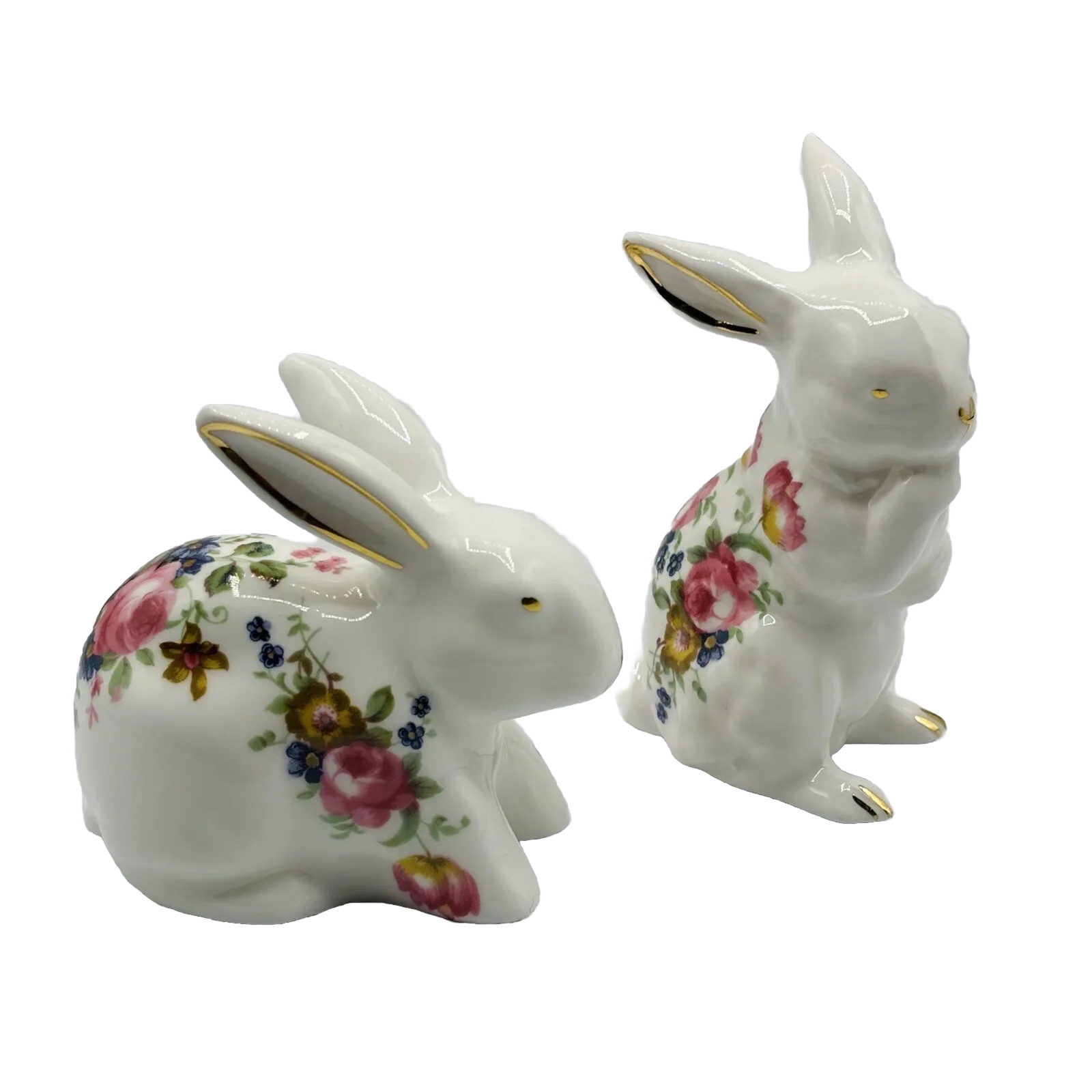 2 Staffordshire Bone China Rabbit Figurines w/Floral Pink Roses Statues Easter